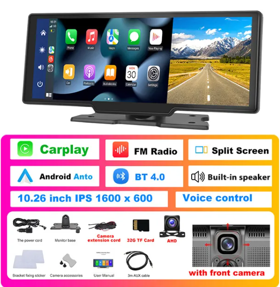 Portable Car Stereo for Wireless Apple Carplay & Android Auto,10.6 Inch HD IPS 1600x600 P Touch Screen