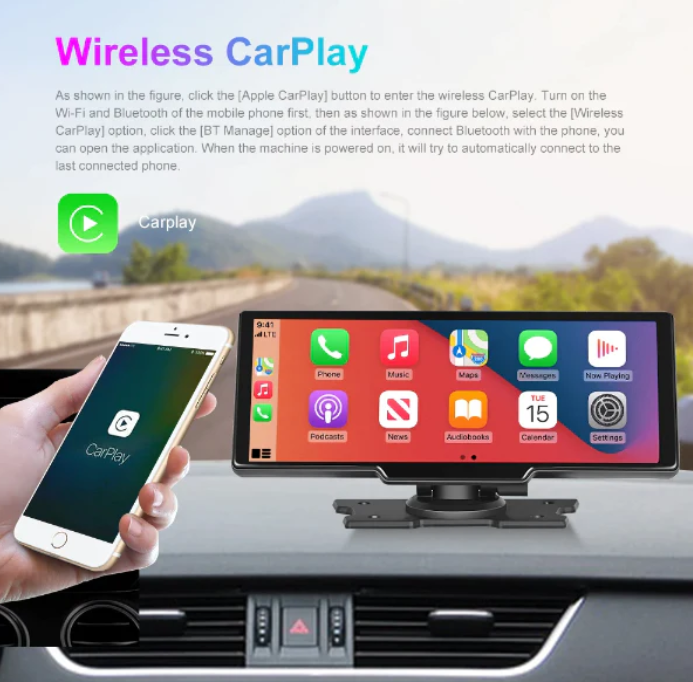 Portable Car Stereo for Wireless Apple Carplay & Android Auto,10.6 Inch HD IPS 1600x600 P Touch Screen